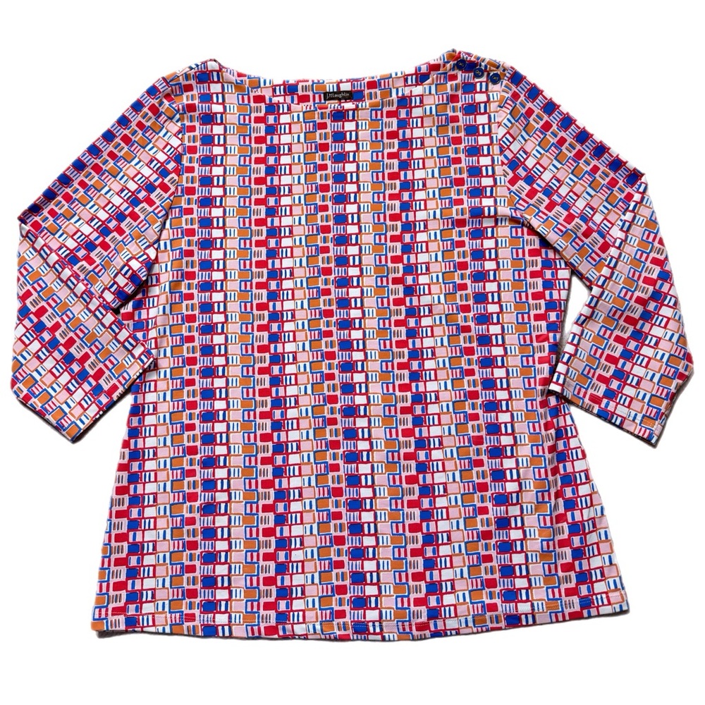 J.McLaughlin Catalina Cloth Geometric Print Pink Blue Boatneck Top L
